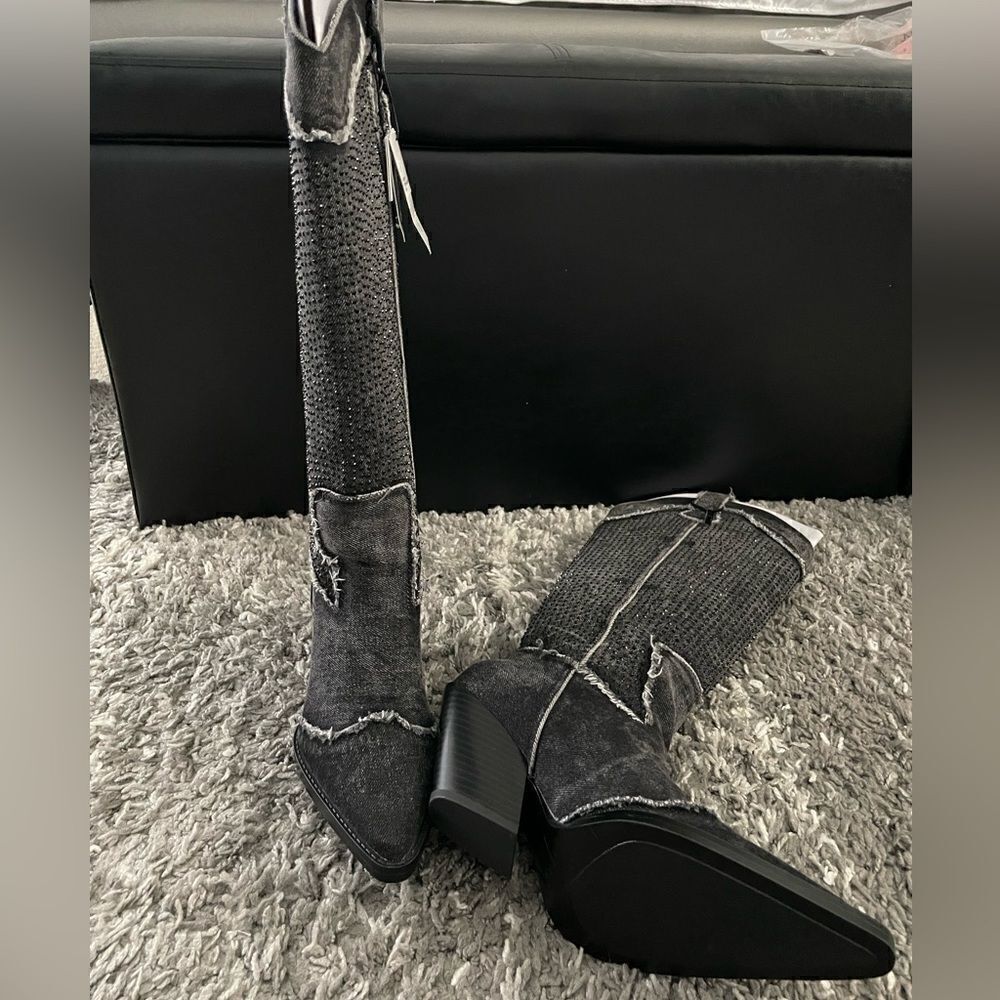 NWT Zara Rhinestone Denim Cowboy Boots - Picture 10 of 12